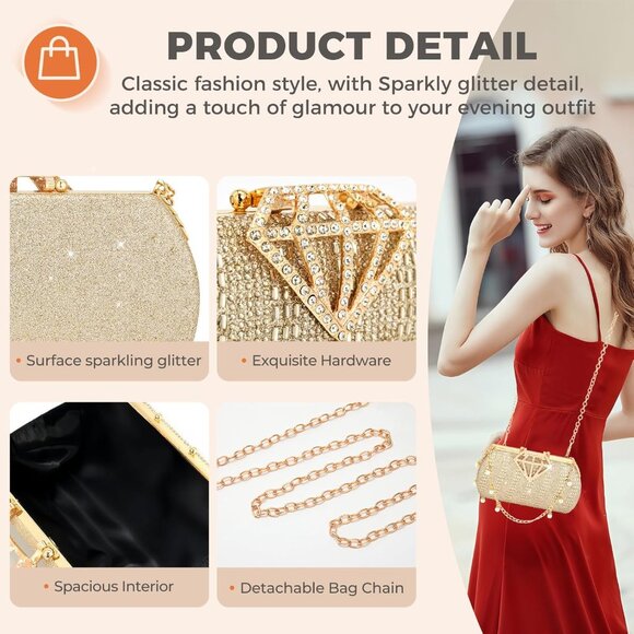 Gold rhinestone evening clutch with pearl chain, 8.3x4.3 inch - Picture 5 of 6